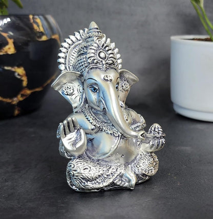 Gold Art India Silver Plated Antique Mukut Ganesha, Versatile Decor for Car Dashboard, Office, Home, and Puja, Ideal Gift for Celebrations (MUKUTSILVERBLACKANTIQUE 3.5")