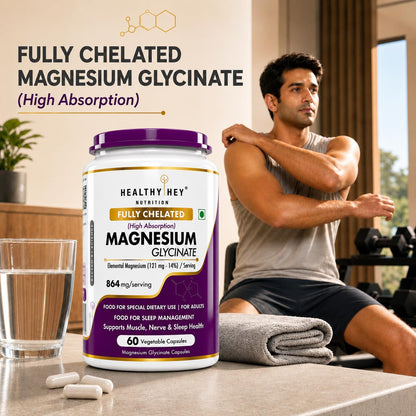 HealthyHey Nutrition Magnesium Glycinate 14% Fully Chelated Supplement High Absorption for Sleep, Cramps, & Nerves Health - 60 Vegetable Capsules