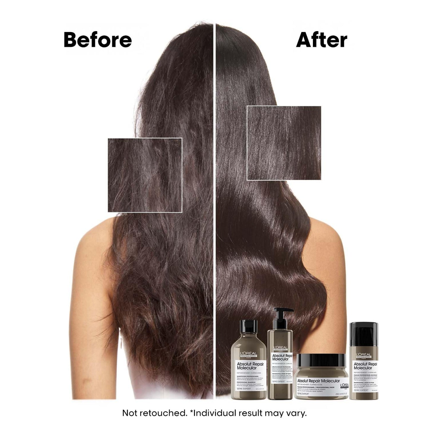 Before and after comparison of hair with a product, showing improved texture and volume.