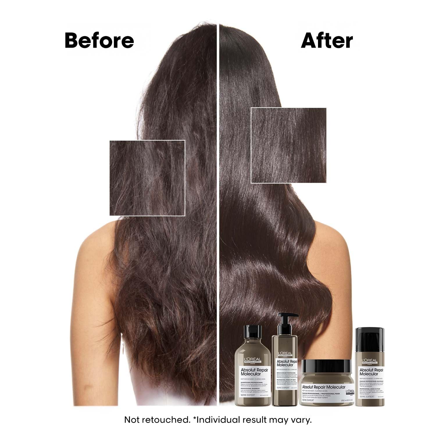 Before and after comparison of hair with a product, showing improved texture and volume.