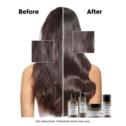 Before and after comparison of hair with a product, showing improved texture and volume.