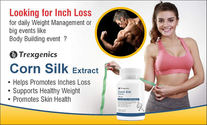 Advertisement for Trexgenics Corn Silk Extract with a woman and man, promoting weight management and healthy skin.
