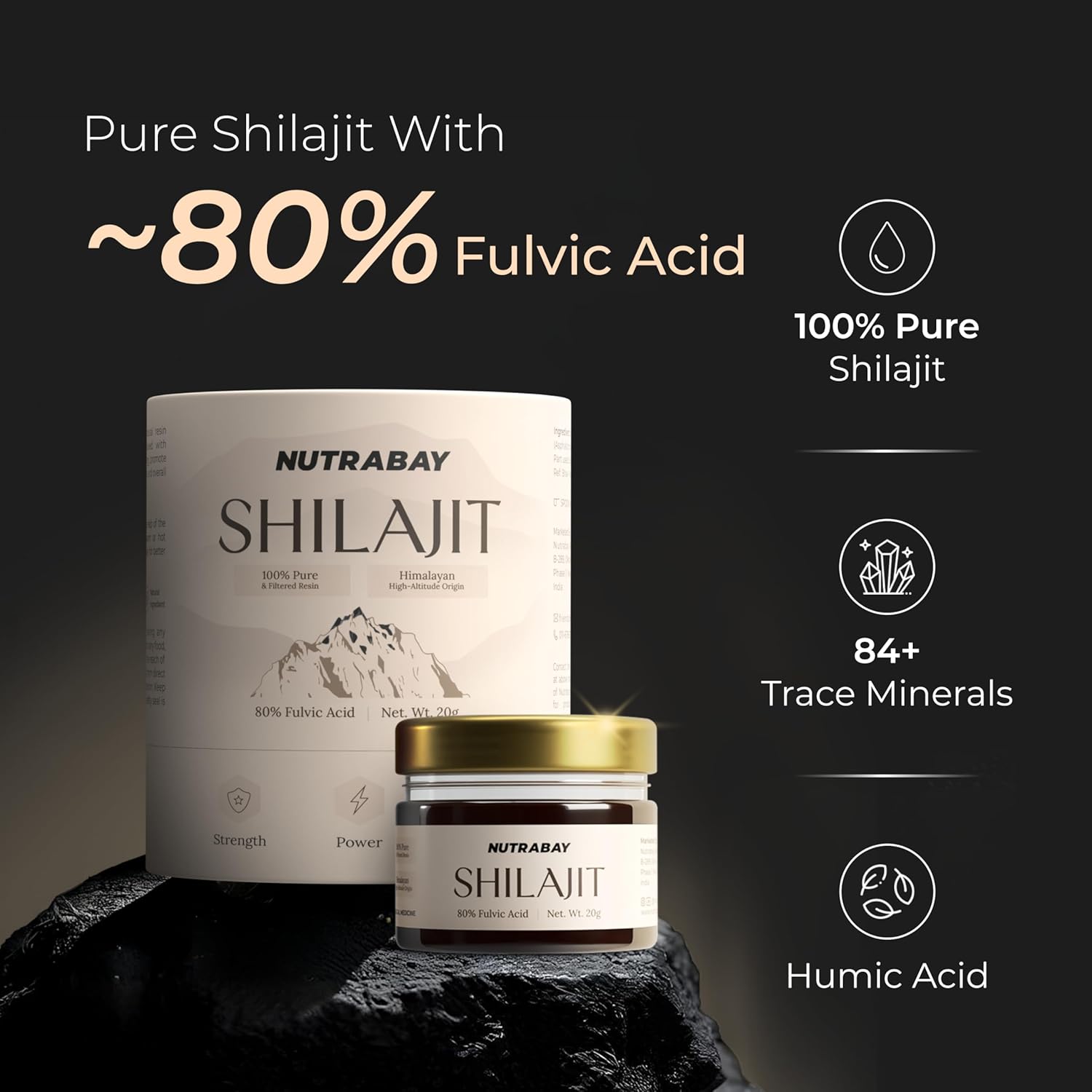 Nutrabay Shilajit product with text highlighting features on a dark background