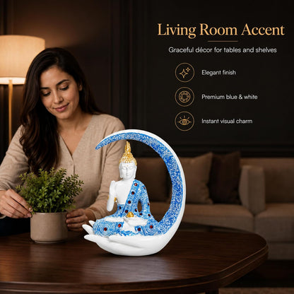 10 Inch 3D Resin Meditating Buddha Statue with Blue Crescent Moon | Lucky Buddha Idol for Home Decor, Living Room, Office Desk & Spiritual Gift Item