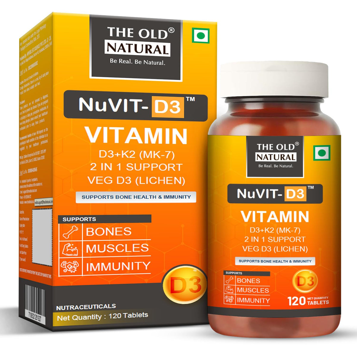 The Old Natural Nuvit-D3, Vitamin D3 K2 MK7 Tablets, Vitamin D3 (Lichen) + K2 for Bone Strength & Calcium Absorption, Heart & Immunity Support, High Absorption Formula (120 Tablets)