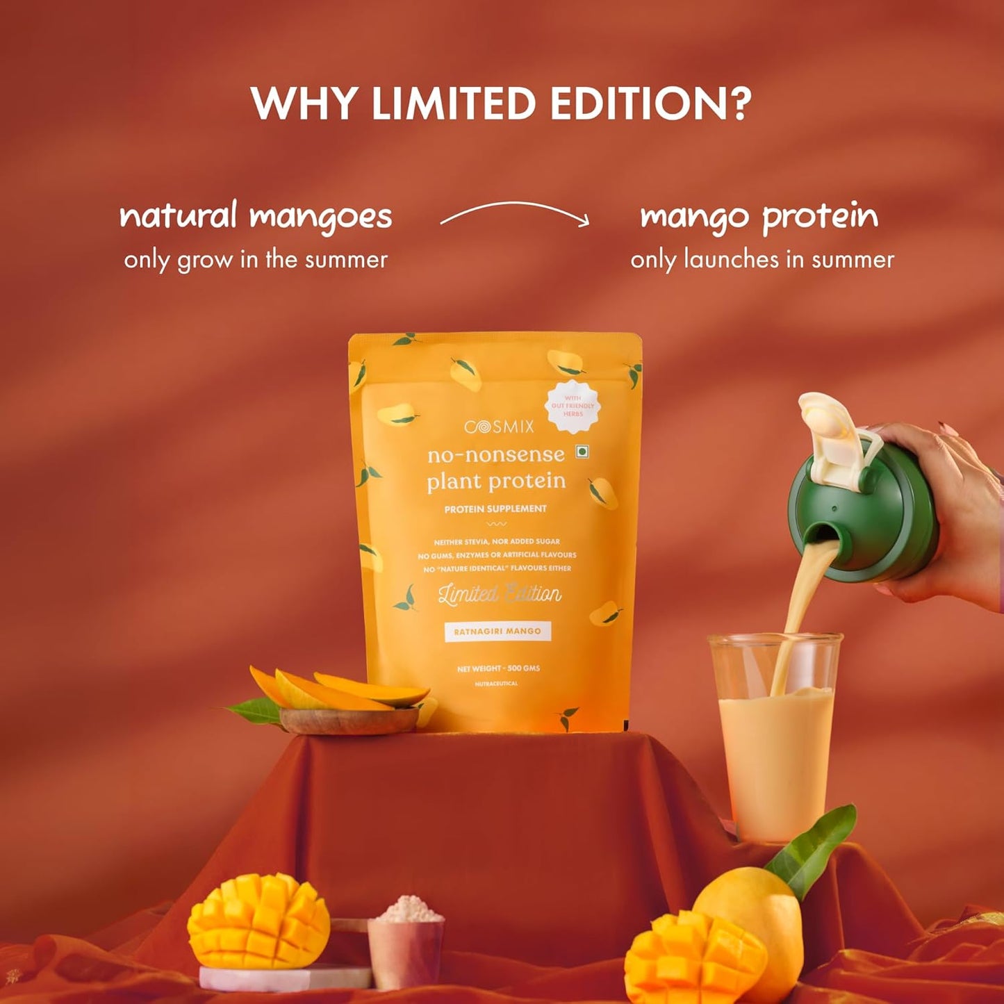 Cosmix No-Nonsense Plant Protein | 23 Protein/Serve, 500g Pouch | Ratnagiri Mango | Plant Based Protein, Pea & Rice Isolate | Clean, Easy to Digest | All Essential Amino Acids