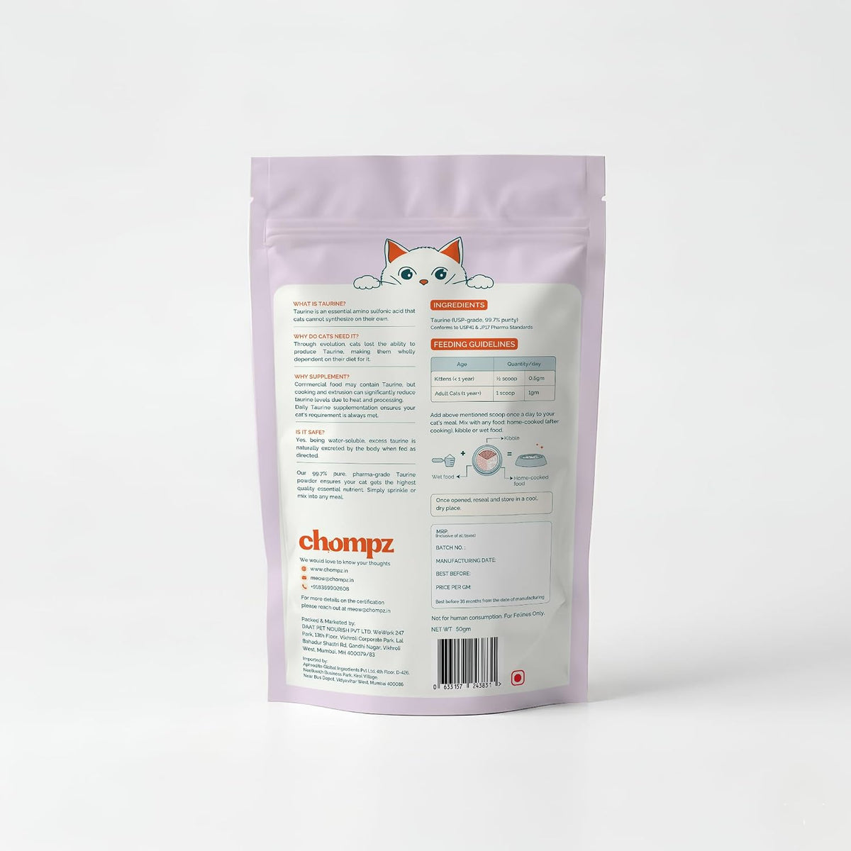 Chompz Taurine Supplement for Cats | 50g Powder | Supports Heart, Vision & Immunity | Unflavoured & Pure | Mixes into Any Meal | Scooper Included | 50+ Day Supply | for Adult Cats & Kittens