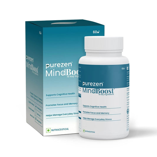 Purezen MindBoost | Brain Health Supplement for Focus, Clarity & Mental Performance | With Ginkgo, Ashwagandha, Omega-3 & Bacopa | 60 Capsules