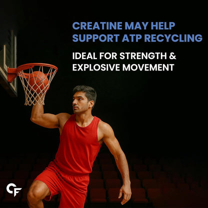 Basketball player in red uniform dunking a basketball with text about creatine and athletic performance on a dark background.