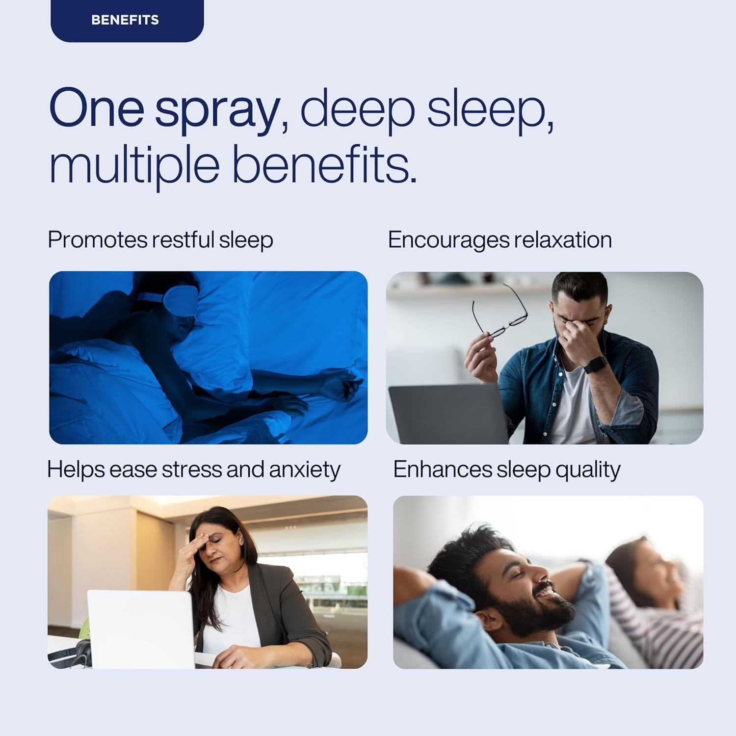 Advertisement for a sleep aid product with text and images of people using it.