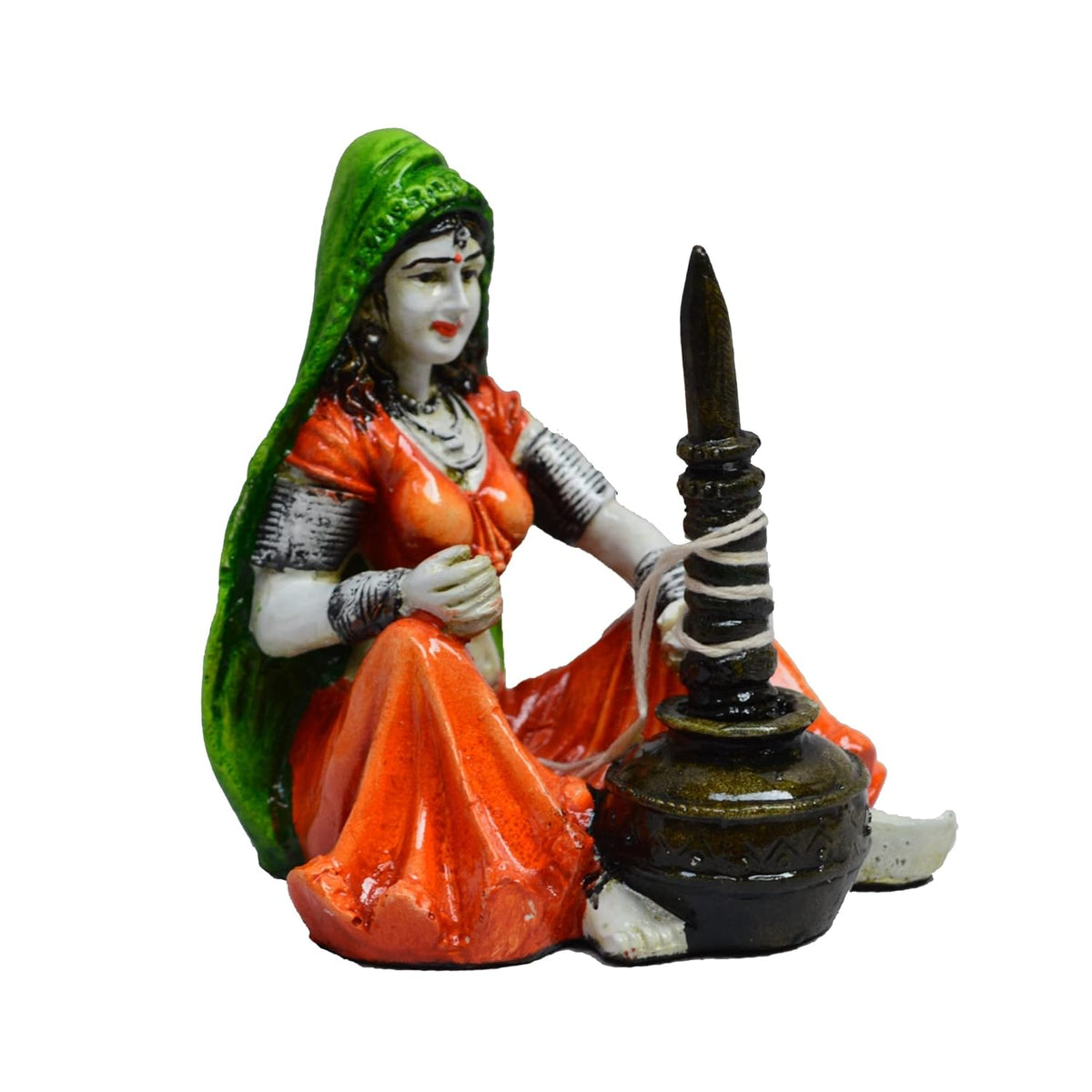 Rajasthani Lady Using Makhan Handi Polyresin Statue (10 cm x 12.5 cm x 15 cm)