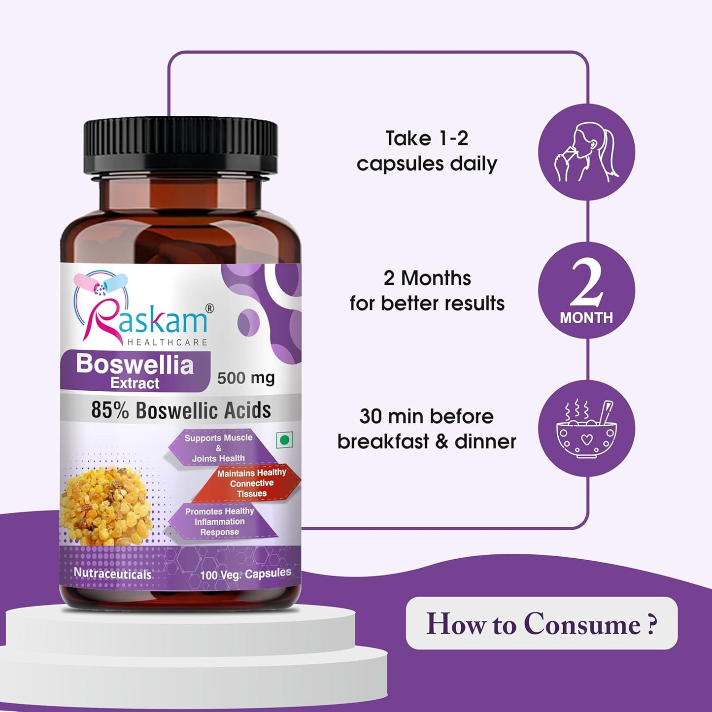 Bottle of Raskam Boswellia Extract on a white and purple background with usage instructions.