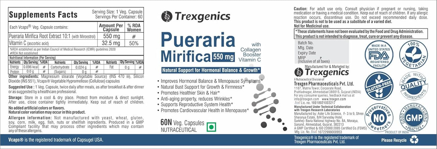 Supplement label for Trexegenics Pueraria Mirifica 550 mg with branding and certification logos.