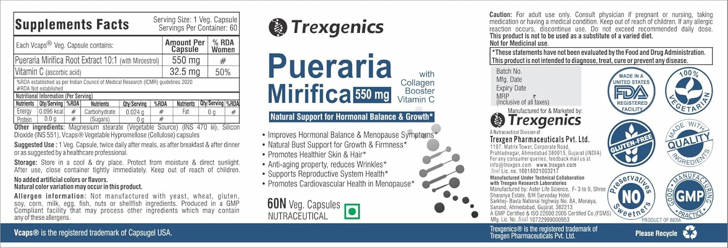 Supplement label for Trexegenics Pueraria Mirifica 550 mg with branding and certification logos.