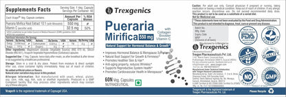 Supplement label for Trexegenics Pueraria Mirifica 550 mg with branding and certification logos.