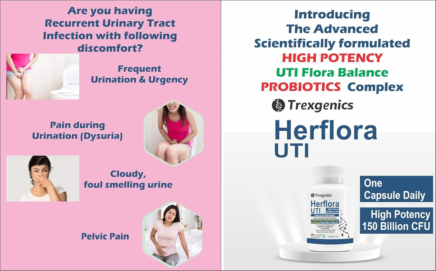 Trexgenics HERFLORA-UTI Probiotics 150 Billion CFU Urinary Tract Health Support Delayed release stomach acid protection capsules (30 Veg Capsules))