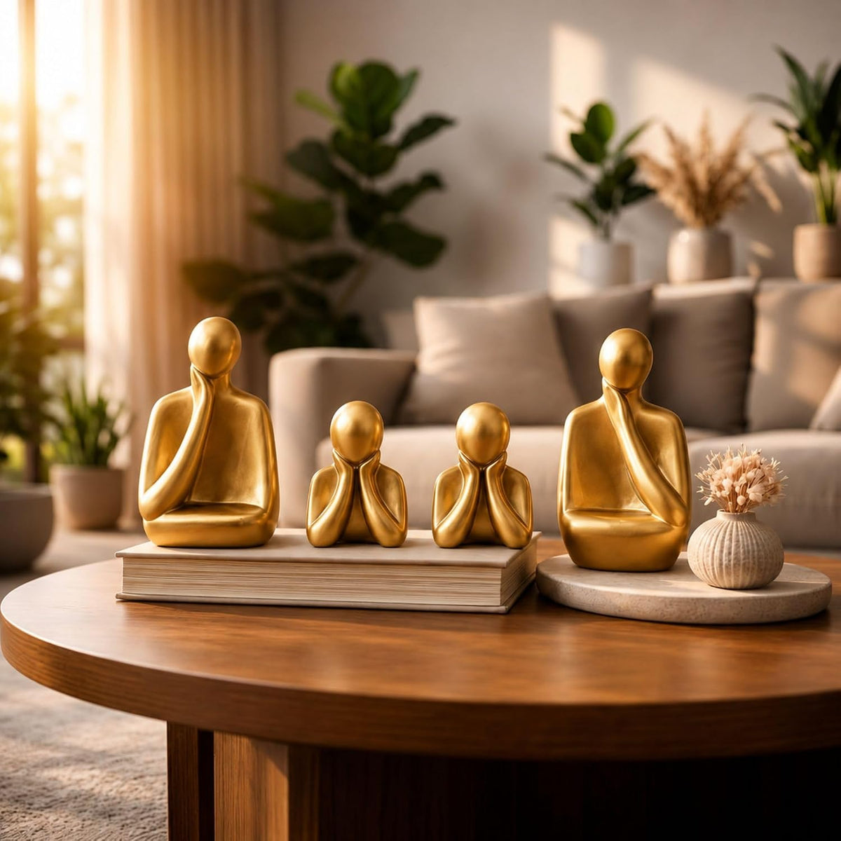 Ceramic Family Statue Set of 4 – Home Decor Items for Living Room, Bedroom, Office & Table Artifact (Gold)