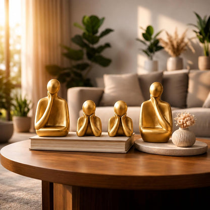 Ceramic Family Statue Set of 4 – Home Decor Items for Living Room, Bedroom, Office & Table Artifact (Gold)