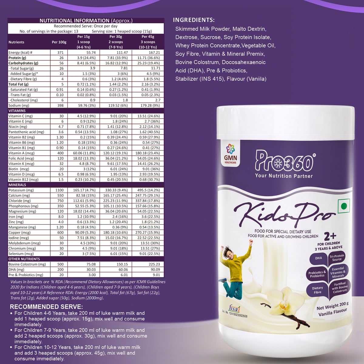 Pro360 Kidspro Protein Powder Child Nutrition & Health Supplement for Growing Children, Improves Immunity, Growth and Active Strong – (200g) -Vanilla Flavor
