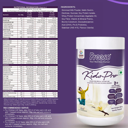 Pro360 Kidspro Protein Powder Child Nutrition & Health Supplement for Growing Children, Improves Immunity, Growth and Active Strong – (200g) -Vanilla Flavor