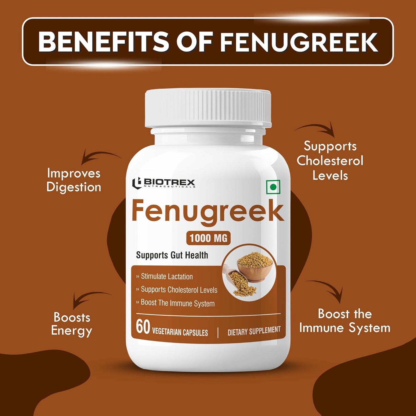 Biotrex Fenugreek - Improves Cholesterol Levels, 1000mg (60 Capsules), nutritional supplement, multivitamins, vitamin capsules, for men, women and adults, best health supplements