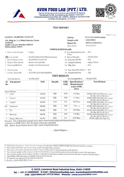 Avon Food Lab test report with various parameters and results.
