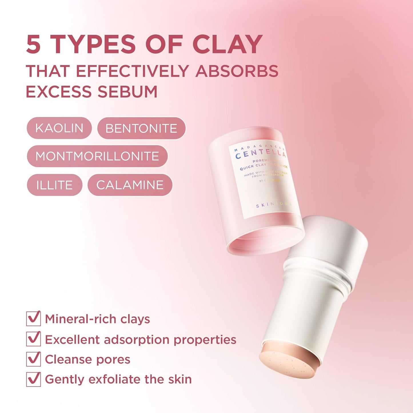 SKIN1004 Madagascar Centella Poremizing Quick Clay Stick Mask 27g – Face Mask with 5 Clays & Red Bean Powder for Pore Care, Oil Control, Blackhead Removal & Skin Soothing Korean Skincare