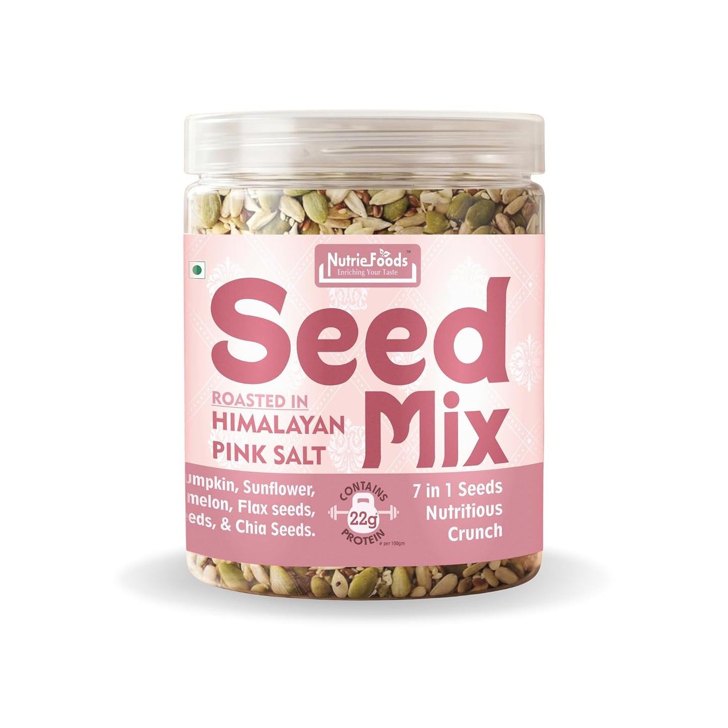 Nutriefoods 7 in 1 Crunchy Seed Mix | Roasted in Himalayan Pink Salt | Sunflower, Chia, Flax, Pumpkin, Watermelon, Black & white Sesame Seeds (300gm)