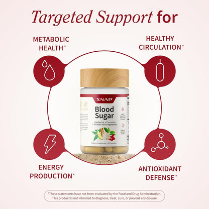 SNAP Blood Sugar supplement bottle with health benefits on a white background