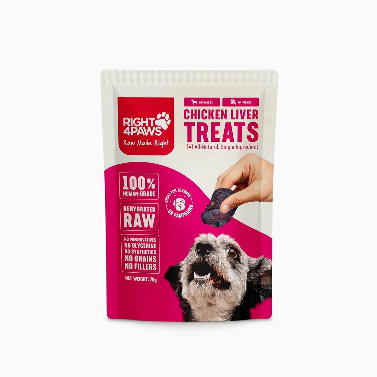 RIGHT4PAWS Chicken Liver Treats - 100% Natural & Raw, Gently Dehydrated, Grain-Free, Human-Grade Animal Meat for Dogs, 70g (Pack of 1)
