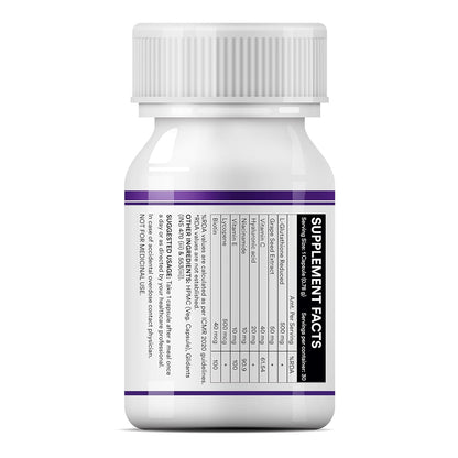 INLIFE L-Glutathione Reduced 500mg | Grape Seed Extract, Vitamin C, Hyaluronic Acid, Niacinamide, Vitamin E, Lycopene & Biotin | Antioxidant Complex for Skin & Immune Support - 30 Vegetarian Capsules (Pack of 1)