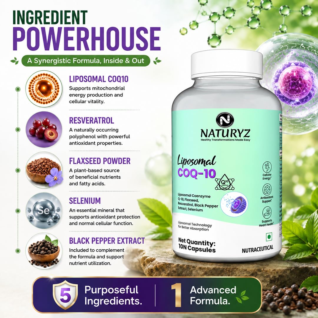 NATURYZ Liposomal CoQ10 200mg with Flaxseed, Resveratrol & Selenium | Advanced Cellular Energy & Antioxidant Formula | Black Pepper for Enhanced Nutrient Absorption | Supports Heart Health, Energy & Healthy Ageing 30 Veg Capsules