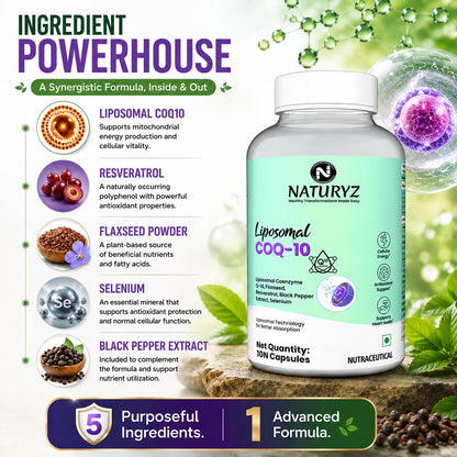 NATURYZ Liposomal CoQ10 200mg with Flaxseed, Resveratrol & Selenium | Advanced Cellular Energy & Antioxidant Formula | Black Pepper for Enhanced Nutrient Absorption | Supports Heart Health, Energy & Healthy Ageing 30 Veg Capsules