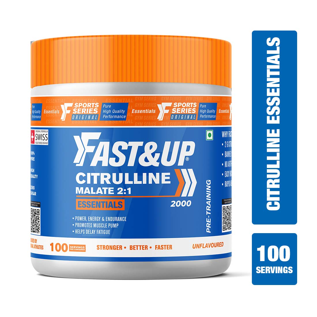 Supplement container labeled 'Fast&Up Citrulline Malate 2:1' with orange and blue design on a white background.