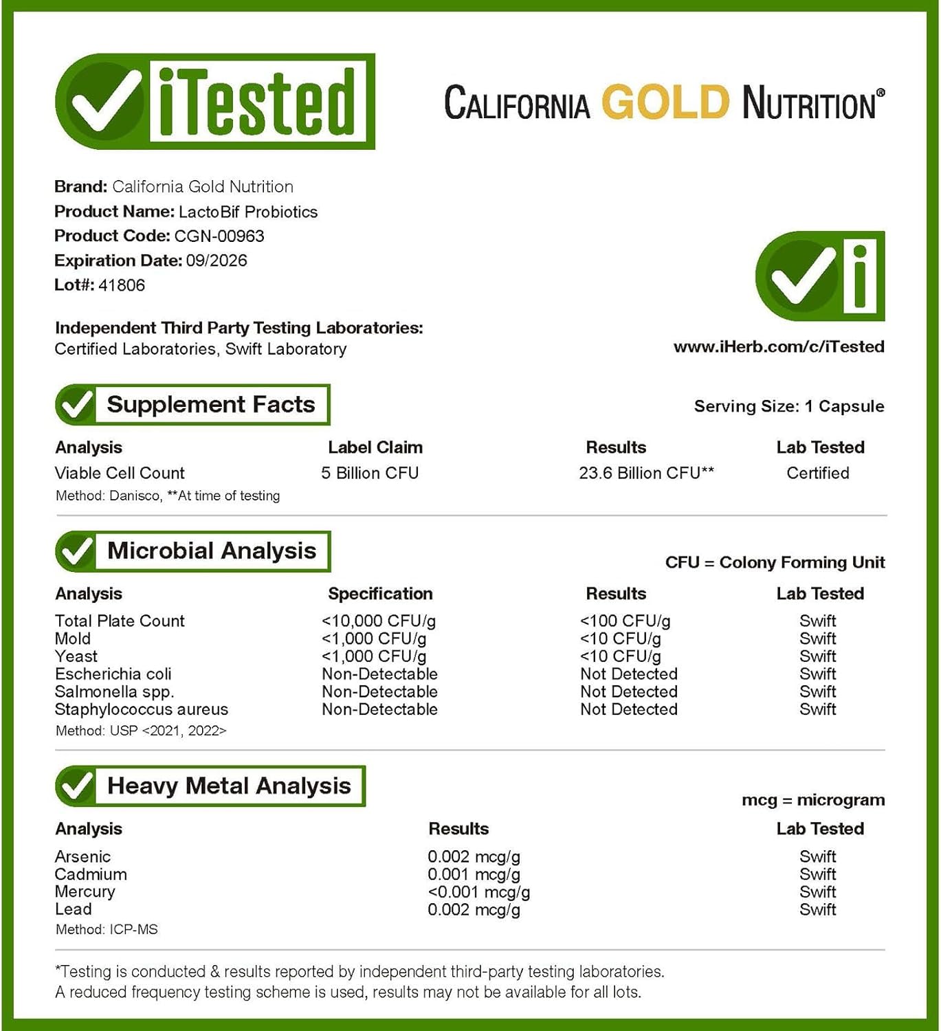 Supplement label for California Gold Nutrition LactoBif Probiotics with testing details.