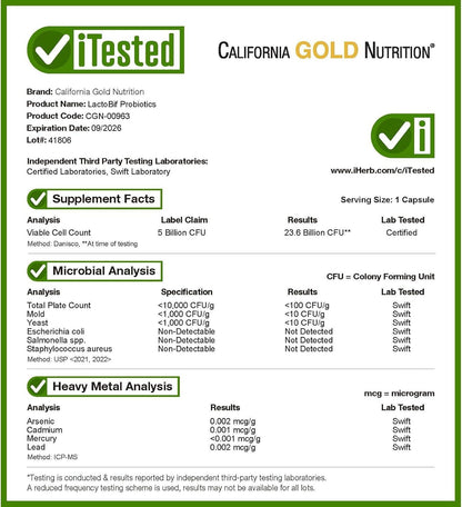 Supplement label for California Gold Nutrition LactoBif Probiotics with testing details.