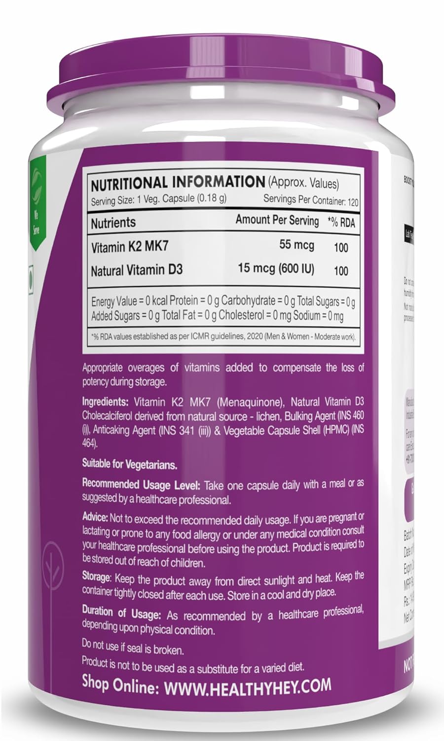 Zephivo HealthyHey Nutrition Natural Vitamin K2 + Natural D3 - Non-GMO | Non-Synthetic 120 Veg. Capsules
