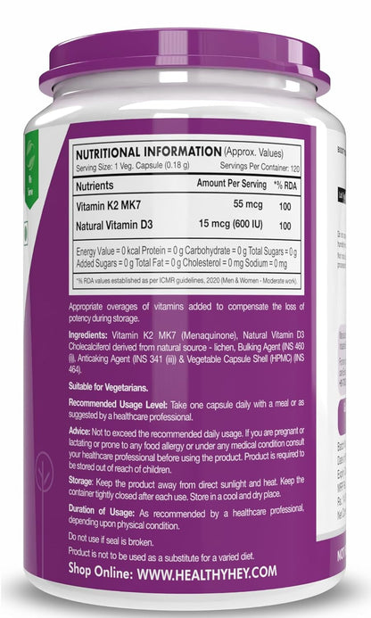 Zephivo HealthyHey Nutrition Natural Vitamin K2 + Natural D3 - Non-GMO | Non-Synthetic 120 Veg. Capsules
