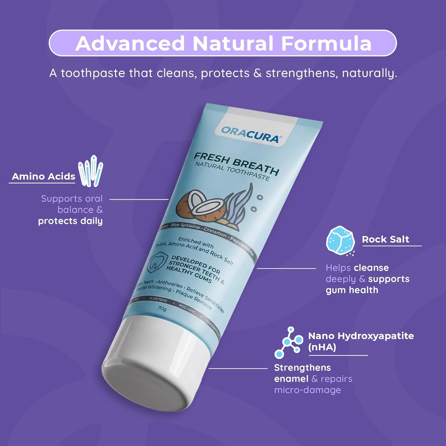 ORACURA® Fresh Breath Natural Toothpaste (Coconut & Blue Spirulina) | Fights Bad Breath & Promotes Oral Balance | Fluoride-Free, SLES-Free | 75g