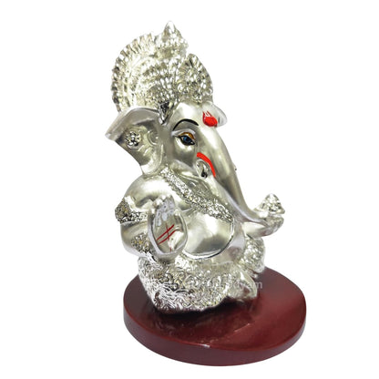Handcrafted Poly Resin Ganesha Statue with Base - Perfect for Car Dashboard, Office Desk, Shelves, and Home Decor - Ideal Housewarming Gift! (MUKUTSILVEREMERYMDF)