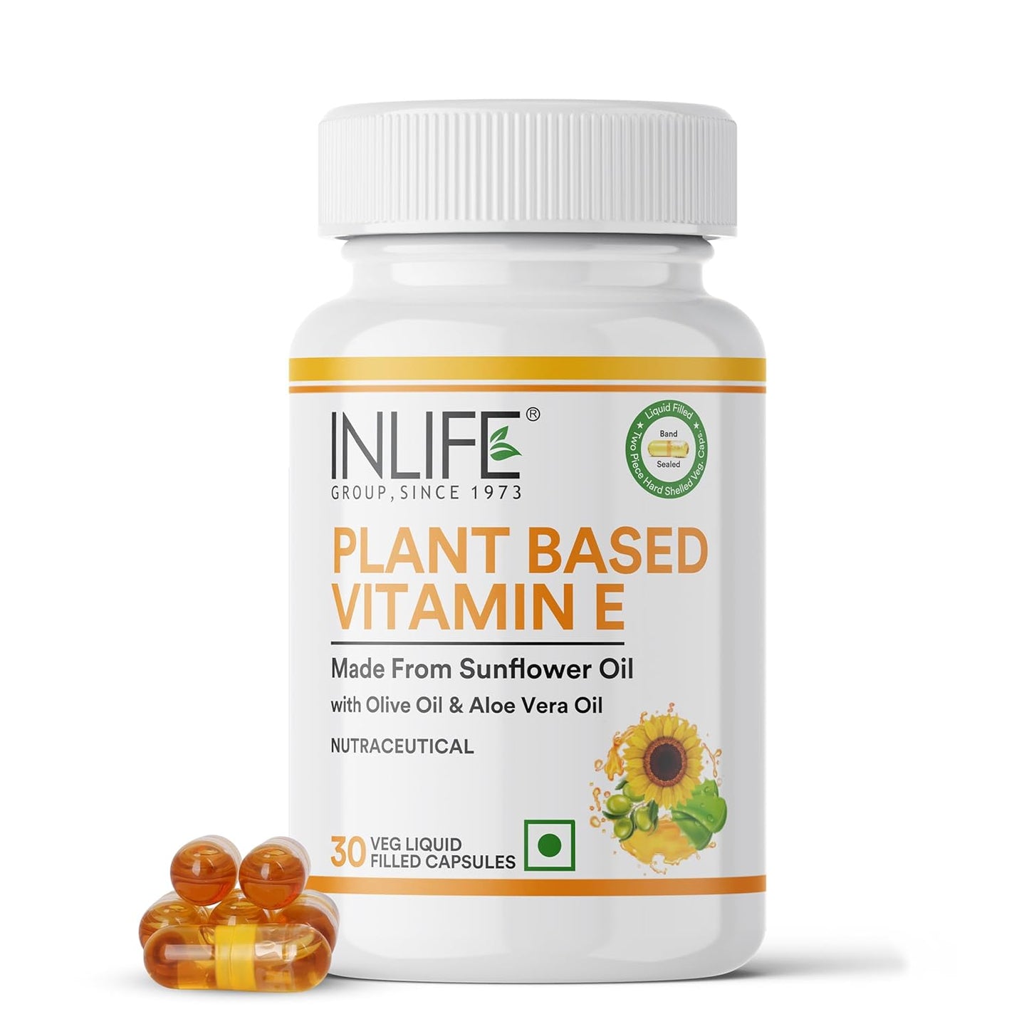 INLIFE Plant Based Natural Vitamin E Oil Capsules for Face and Hair|Sunflower, Olive & Aloe Vera Oils |Skin Health and immunity support Supplement for Women & Men–30 Vegetarian Capsules (Pack of 1)