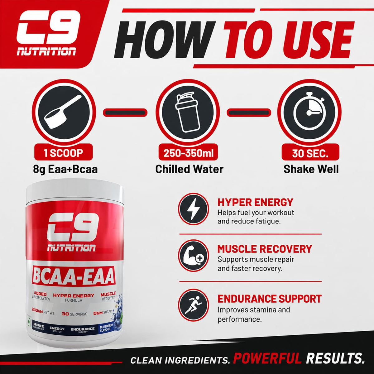 C9 NUTRITION BCAA EAA Powder with 5000mg BCAA, 9000mg EAA & 500mg L-Arginine | Sugar-Free Amino Acid Supplement with Electrolytes for Workout & Muscle Recovery | 30 Servings, Blueberry Flavour