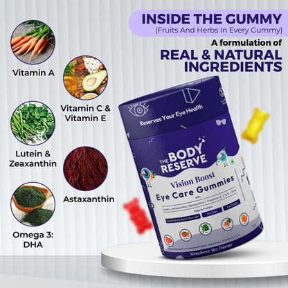 Vision Boost Eye Care Gummies packaging with natural ingredients on a white background