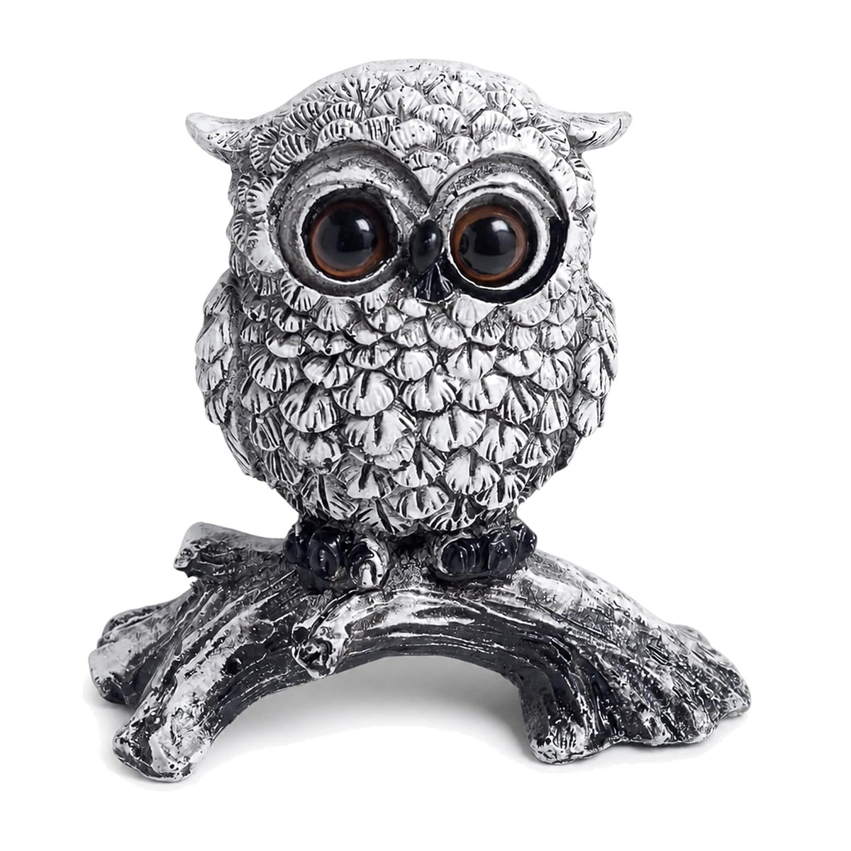 White Owl Figurine on Natural Wood-Look Log, Black & White Owl Statue for Home Office Desk Decor (Small)