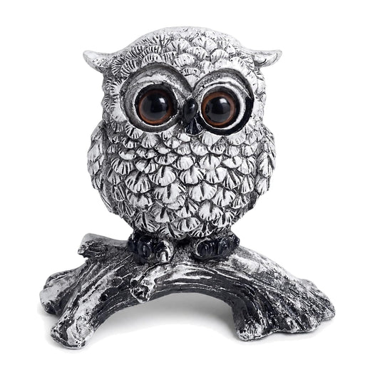 White Owl Figurine on Natural Wood-Look Log, Black & White Owl Statue for Home Office Desk Decor (Small)