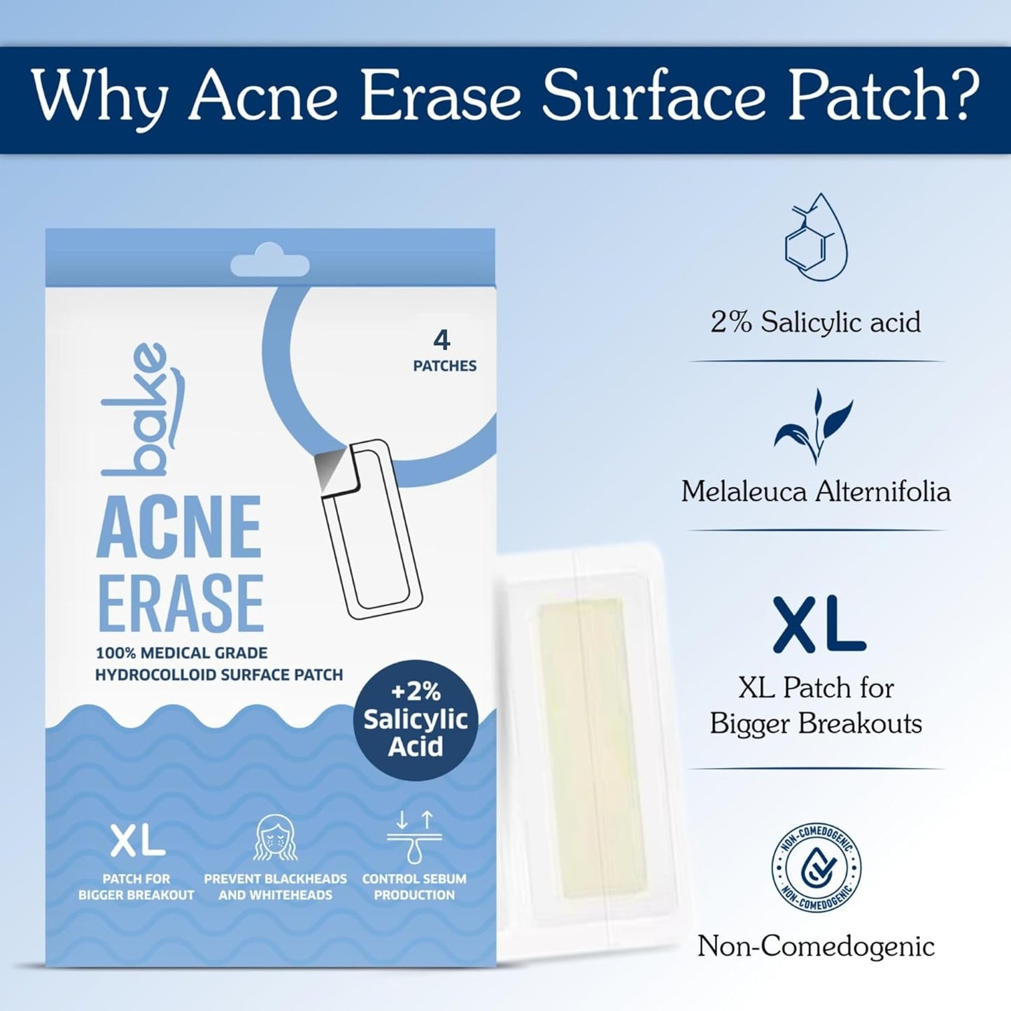 BAKE 2% Salicylic Acid Hydrocolloid Acne Absorbing (4 Patches) Surface Patch XL Pimple Patches for Blackheads Removal | Large Acne Erase Strips | Pore Cleansing & Reduces Whiteheads (4 Strips)