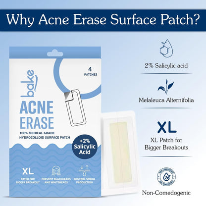 BAKE 2% Salicylic Acid Hydrocolloid Acne Absorbing (4 Patches) Surface Patch XL Pimple Patches for Blackheads Removal | Large Acne Erase Strips | Pore Cleansing & Reduces Whiteheads (4 Strips)