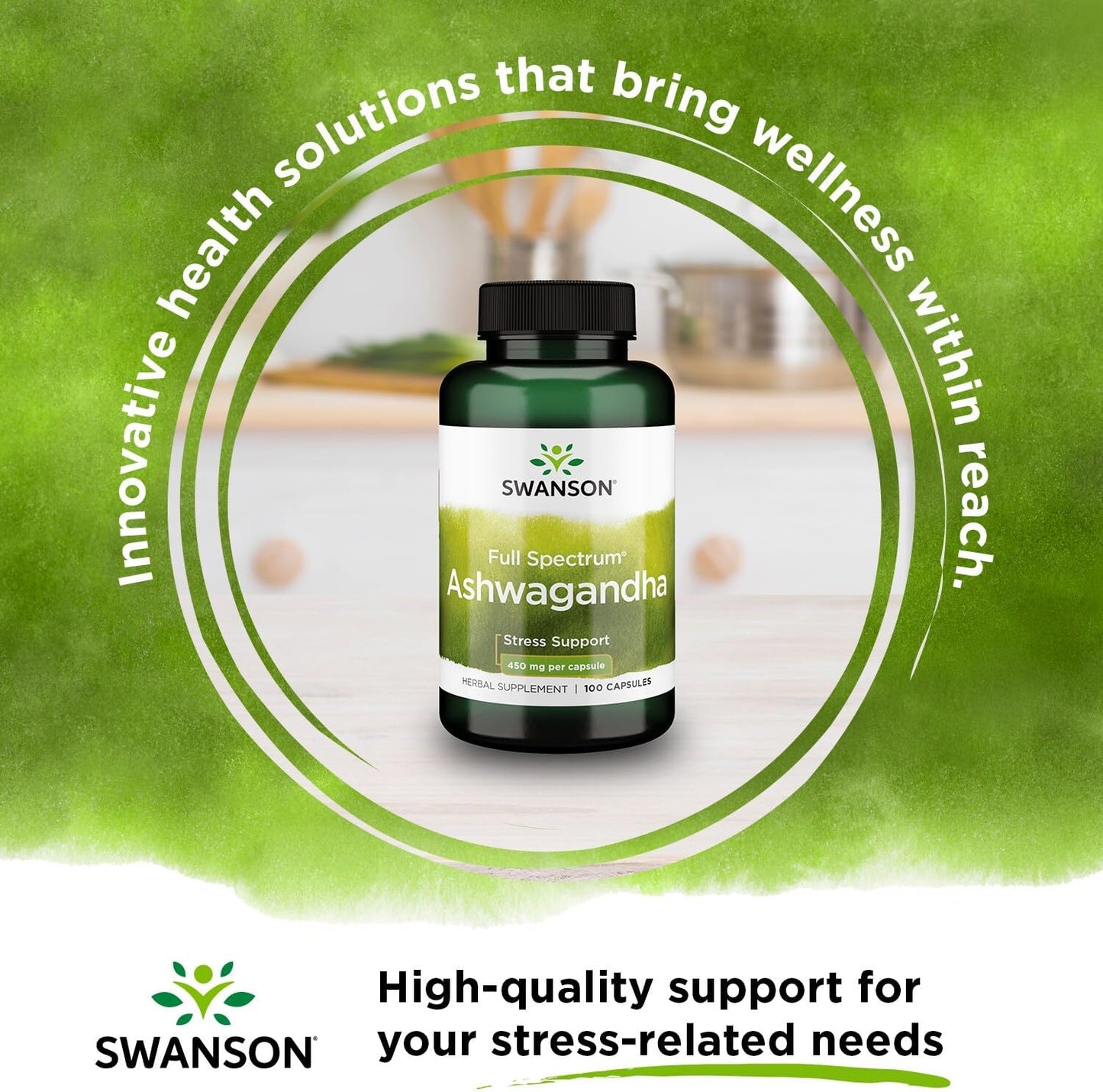 Swanson Full Spectrum Ashwagandha supplement bottle on a green background with text about stress support.