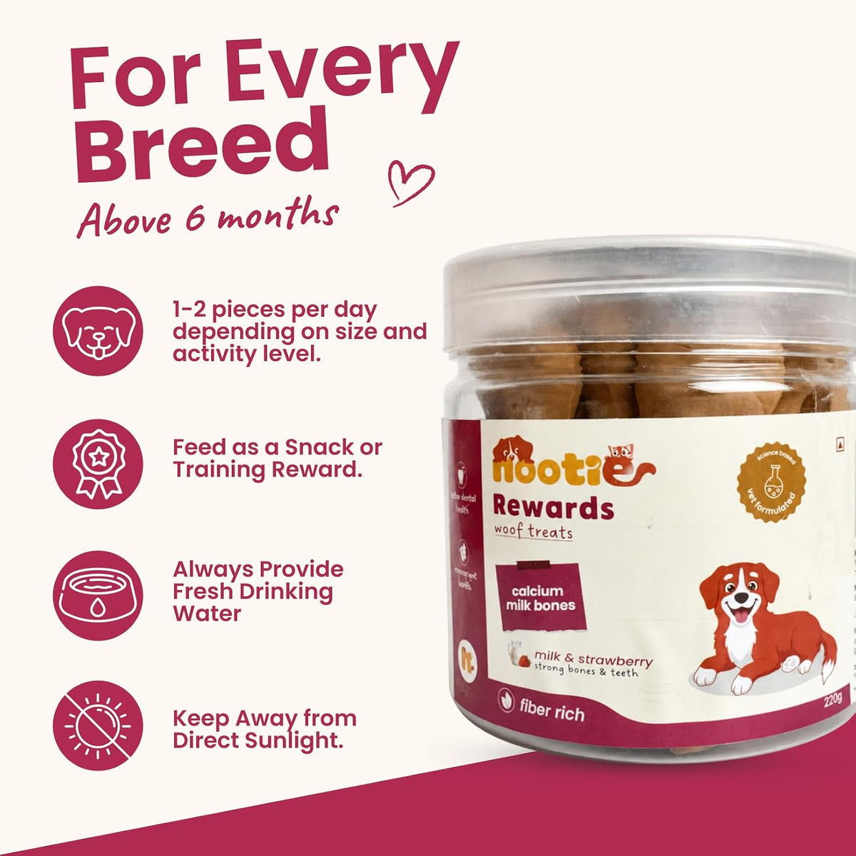 Nootie Calcium Bone Dog Treats 220g | Seaweed & Goat Milk | Dental Health, Clean Teeth & Strong Gums | Milk & Strawberry | All Breeds & Puppies Above 4 Months