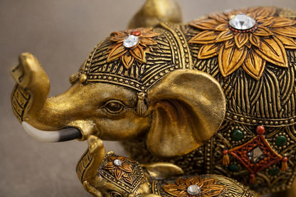Decorative Elephant Showpiece for Home Décor | Resin Lucky Elephant Statue with Mother & Baby Design | Tabletop Feng Shui Good Luck Idol (Golden Elephant Family)